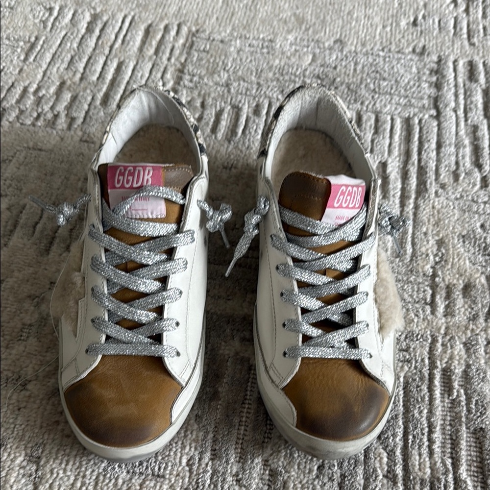 Golden Goose White and Brown Sneakers with Sherling Star